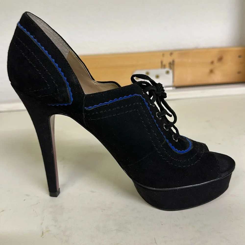 Paris Hilton Royal Black Blue Suede Peep Toe Lace Up 5 Inch Stilettos Heels 8M